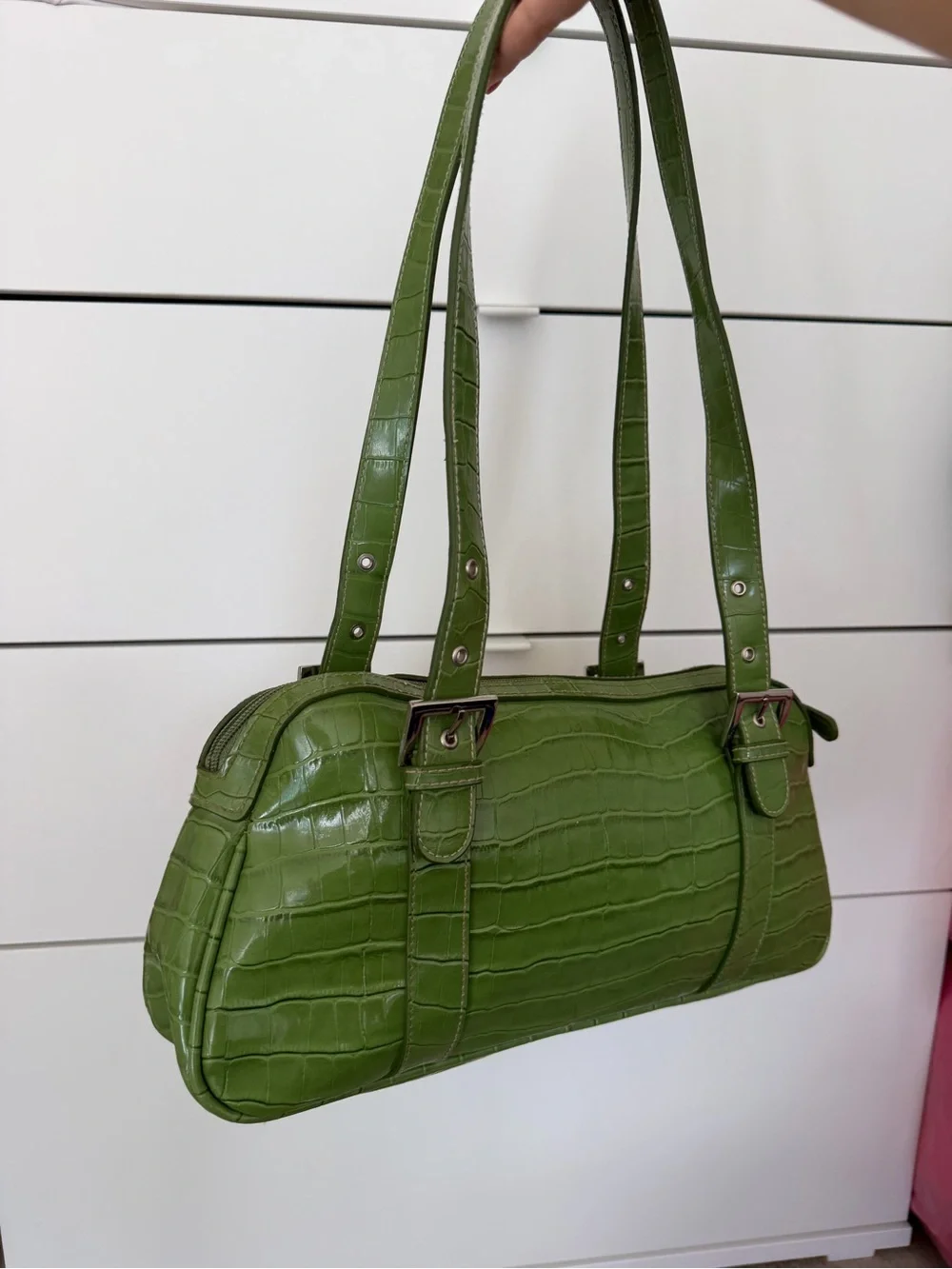 Green Croc-Effect Shoulder Bag